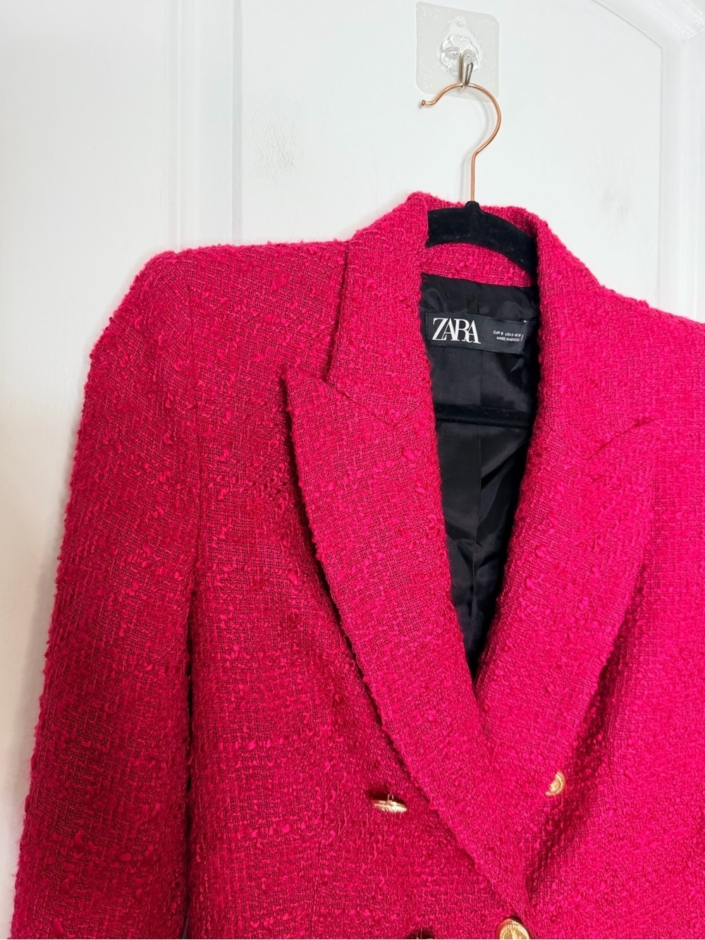 Zara Fuchsia Pink Double-Breasted Tweed Blazer with Gold Buttons Size Small - Picture 10 of 14